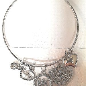 Silver Wire Bangle Bracelet MK Initials and various CZ Crystal Heart Charms NEW